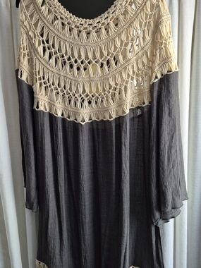 Velzera Cream Crochet Yoke Tunic with Charcoal Body